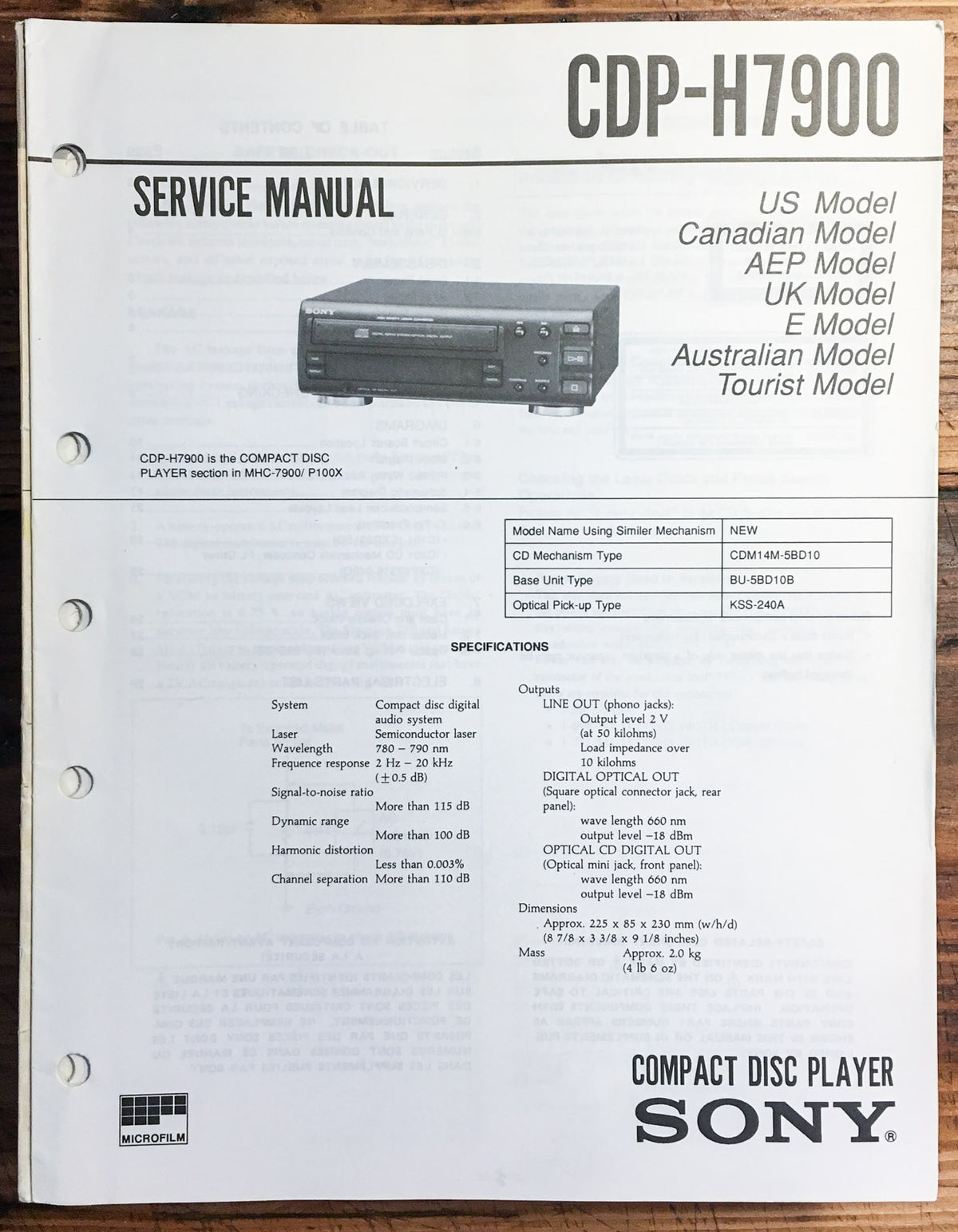 Sony CDP-H7900 CD Player  Service Manual *Original*