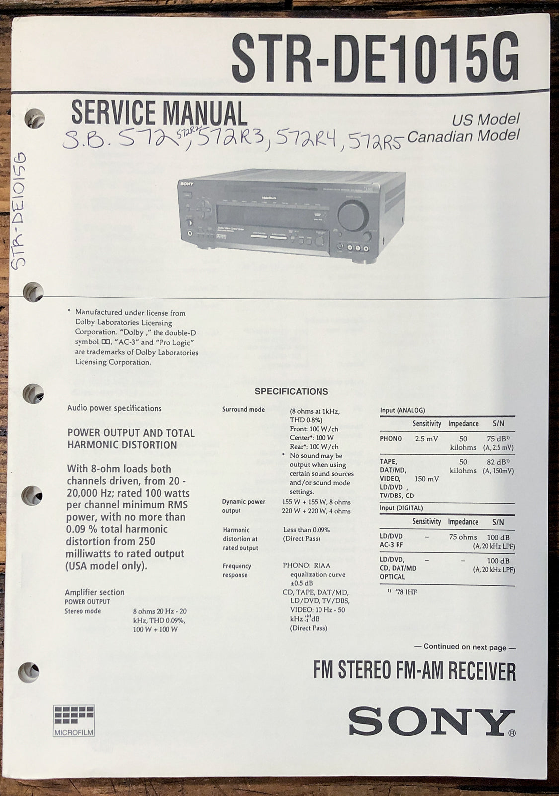 Sony STR-DE1015G Receiver  Service Manual *Original*