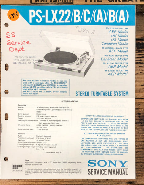Sony PS-LX22 Record Player / Turntable  Service Manual *Original*