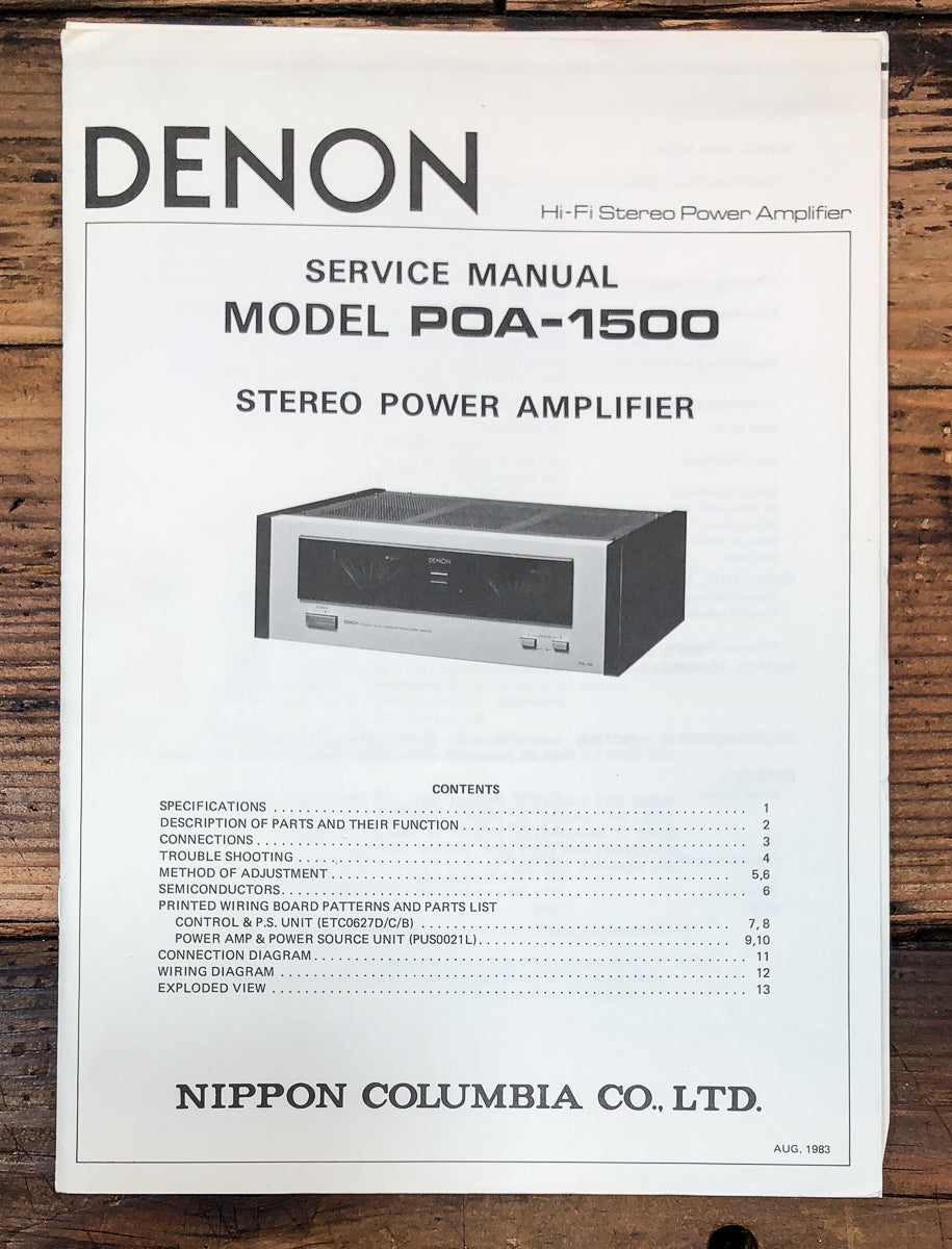 Denon POA-1500 Amplifier Service Manual *Original*