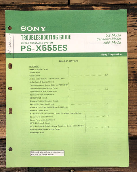 Sony PS-X555ES Turntable Troubleshooting Guide Service Manual *Original*