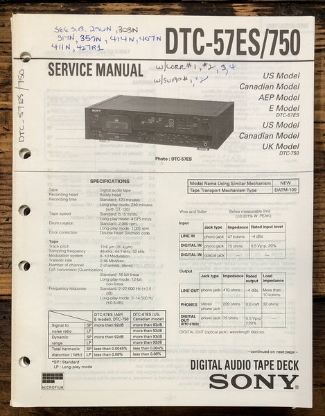 Sony DTC-57ES DTC-750 DAT Tape Deck  Service Manual *Original*