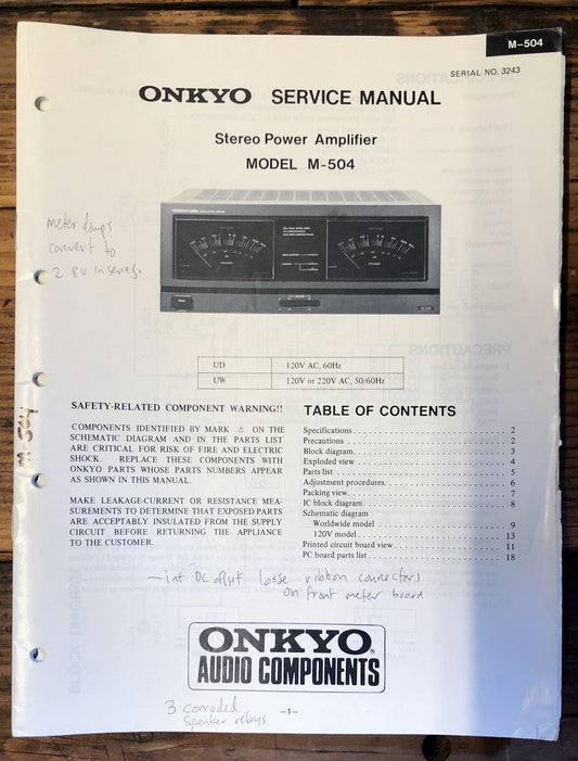 Onkyo M-504 Amplifier  Service Manual *Original*