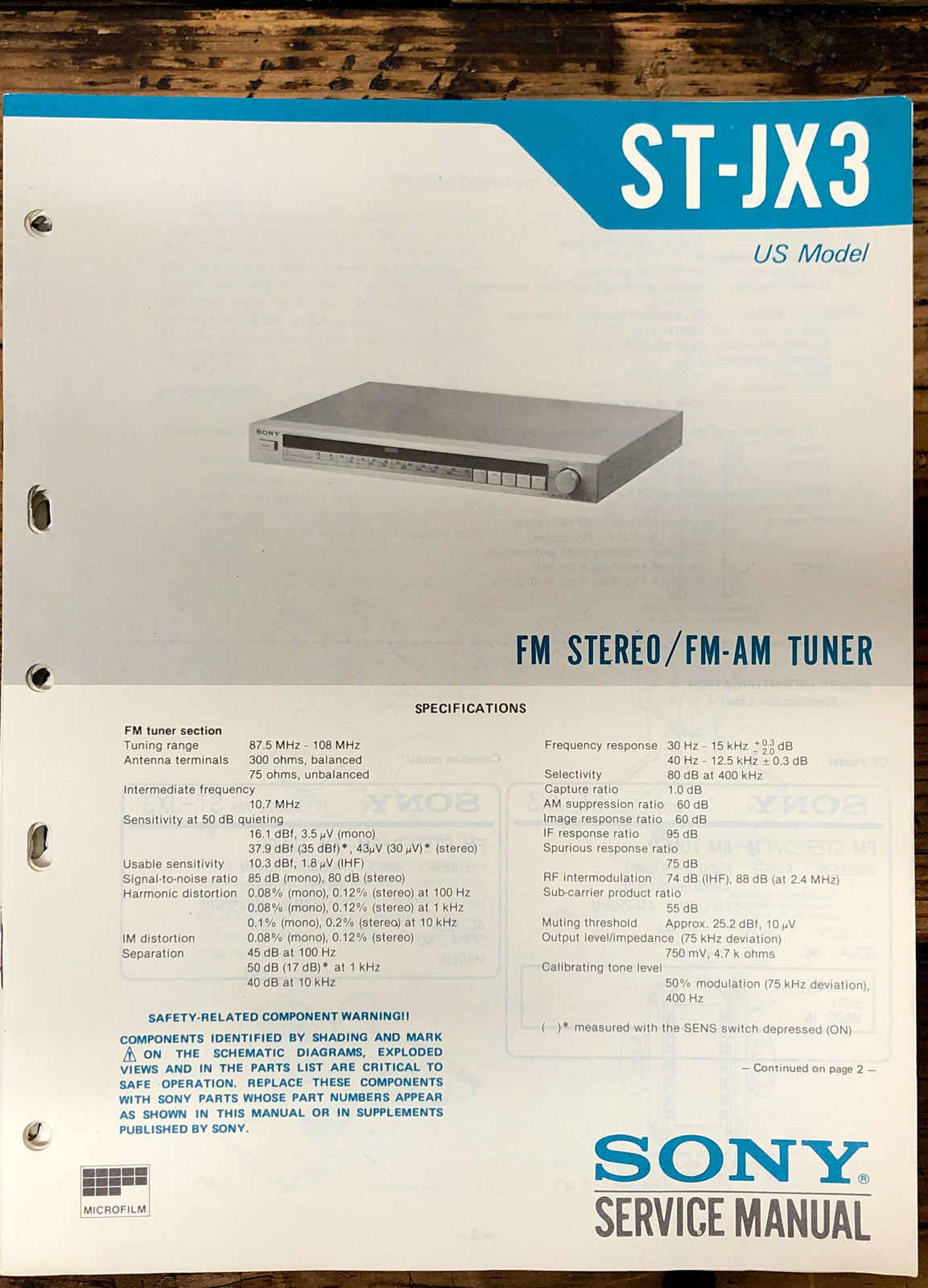 Sony ST-JX3 Tuner  Service Manual *Original*