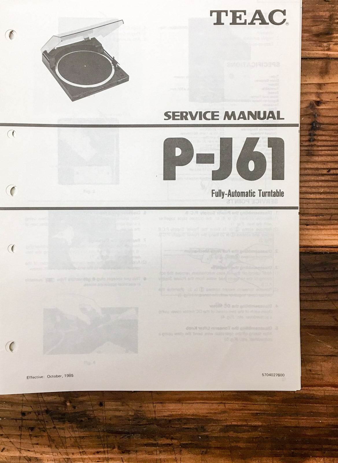 Teac P-J61 Record Player / Turntable  Service Manual *Original*