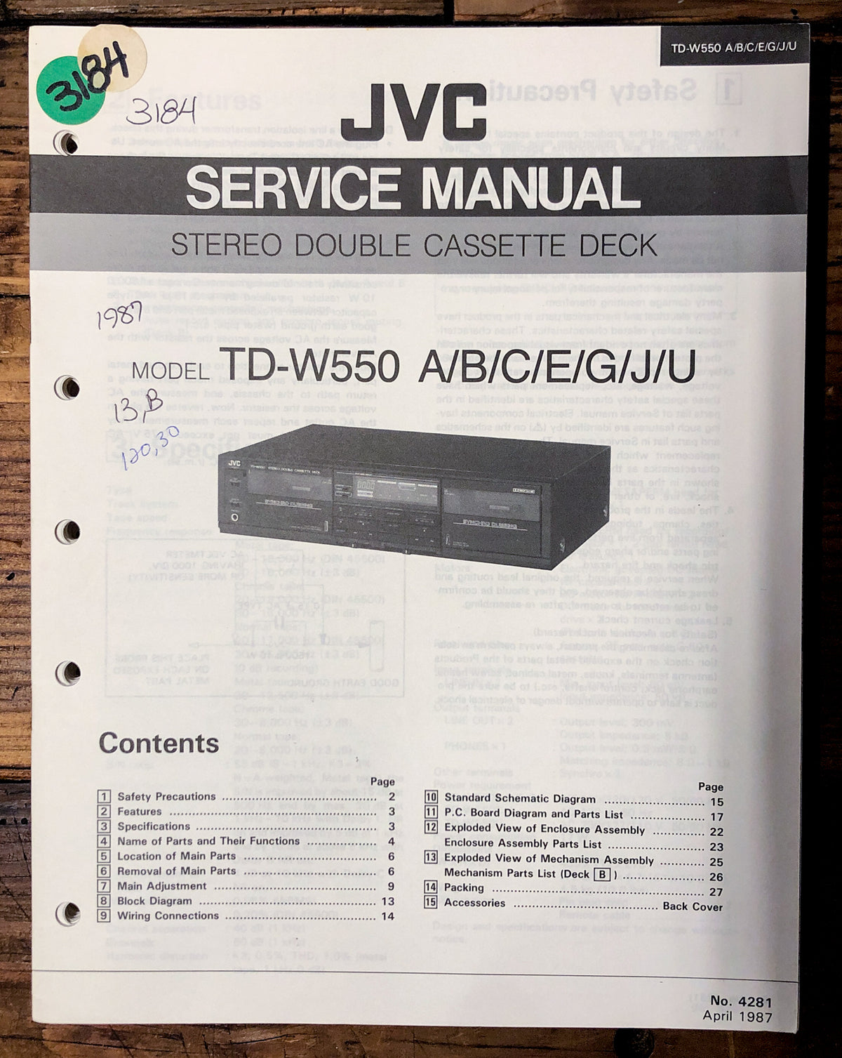 JVC TD-W550 Cassette  Service Manual *Original*