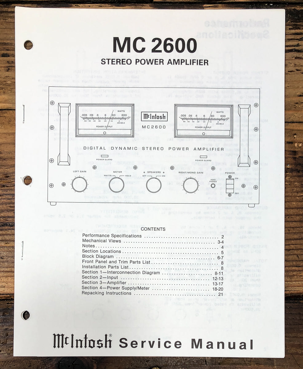 McIntosh MC-2600 MC2600 Amplifier Service Manual *Original*