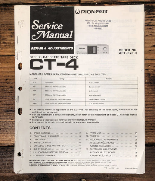 Pioneer CT-4 Cassette  Service Manual *Original*