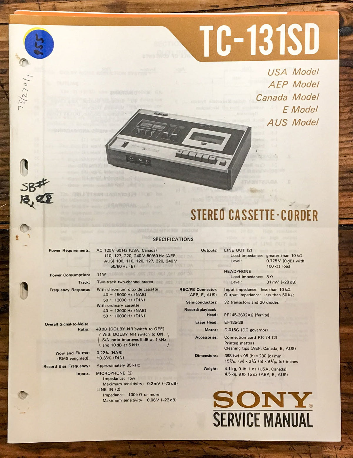 Sony TC-131SD Cassette  Service Manual *Original*