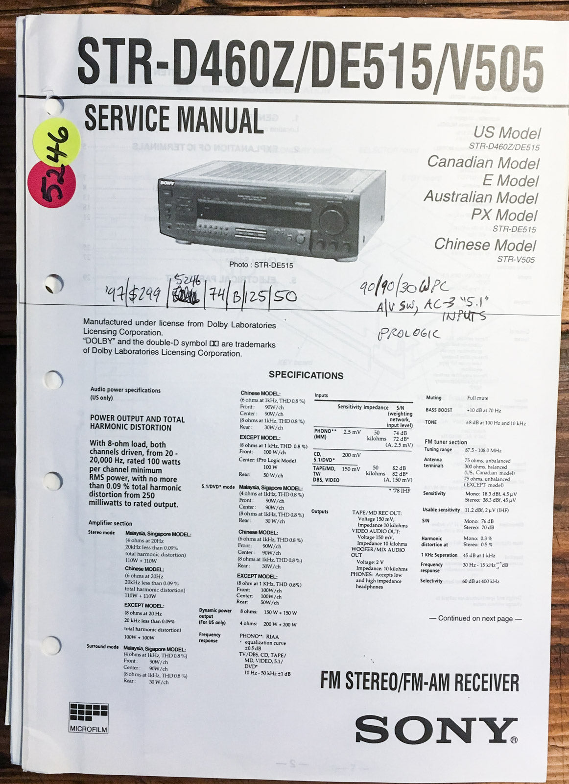 Sony STR-D460Z STR-DE515 STR-V505 Receiver  Service Manual *Original*
