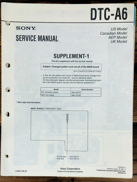 Sony DTC-A6 DAT Tape Deck Supp. Service Manual *Original*
