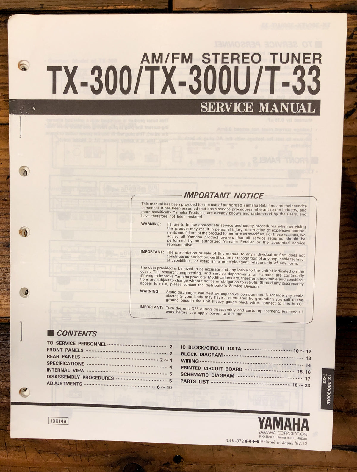 Yamaha TX-300 TX-300U T-33 Tuner  Service Manual *Original*