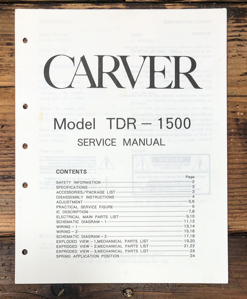 Carver TDR-1500 Cassette Service Manual *Original*