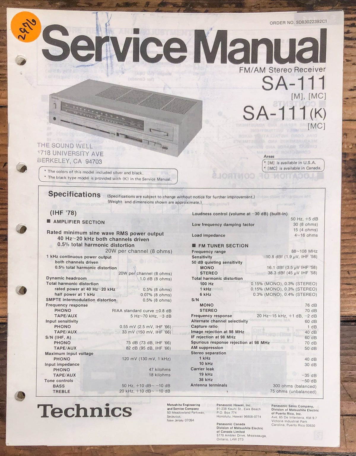 Technics SA-111 Receiver  Service Manual *Original*