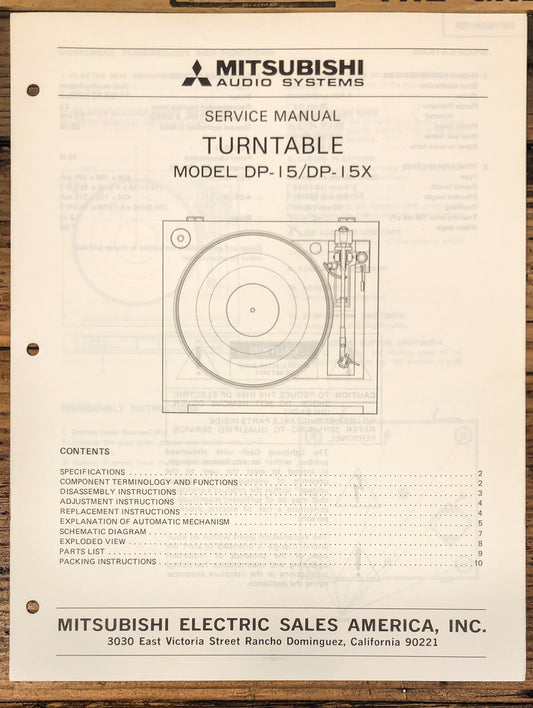 Mitsubishi DP-15 DP-15X Record Player / Turntable  Service Manual *Original*