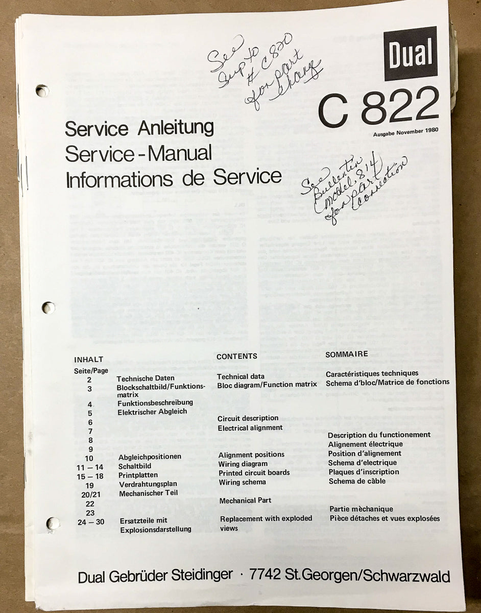 Dual C 822 C822 Cassette Service Manual *Original*