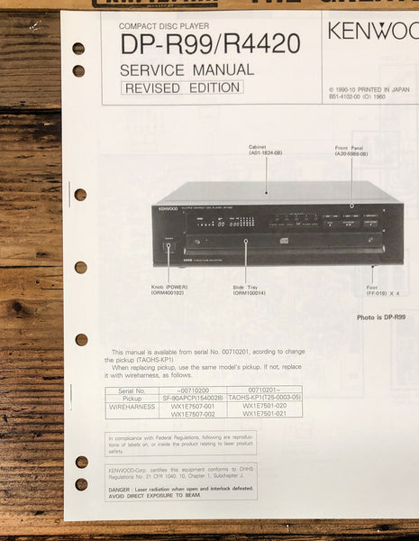 Kenwood DP-R99 DP-R4420 CD Player Revised Service Manual *Original*
