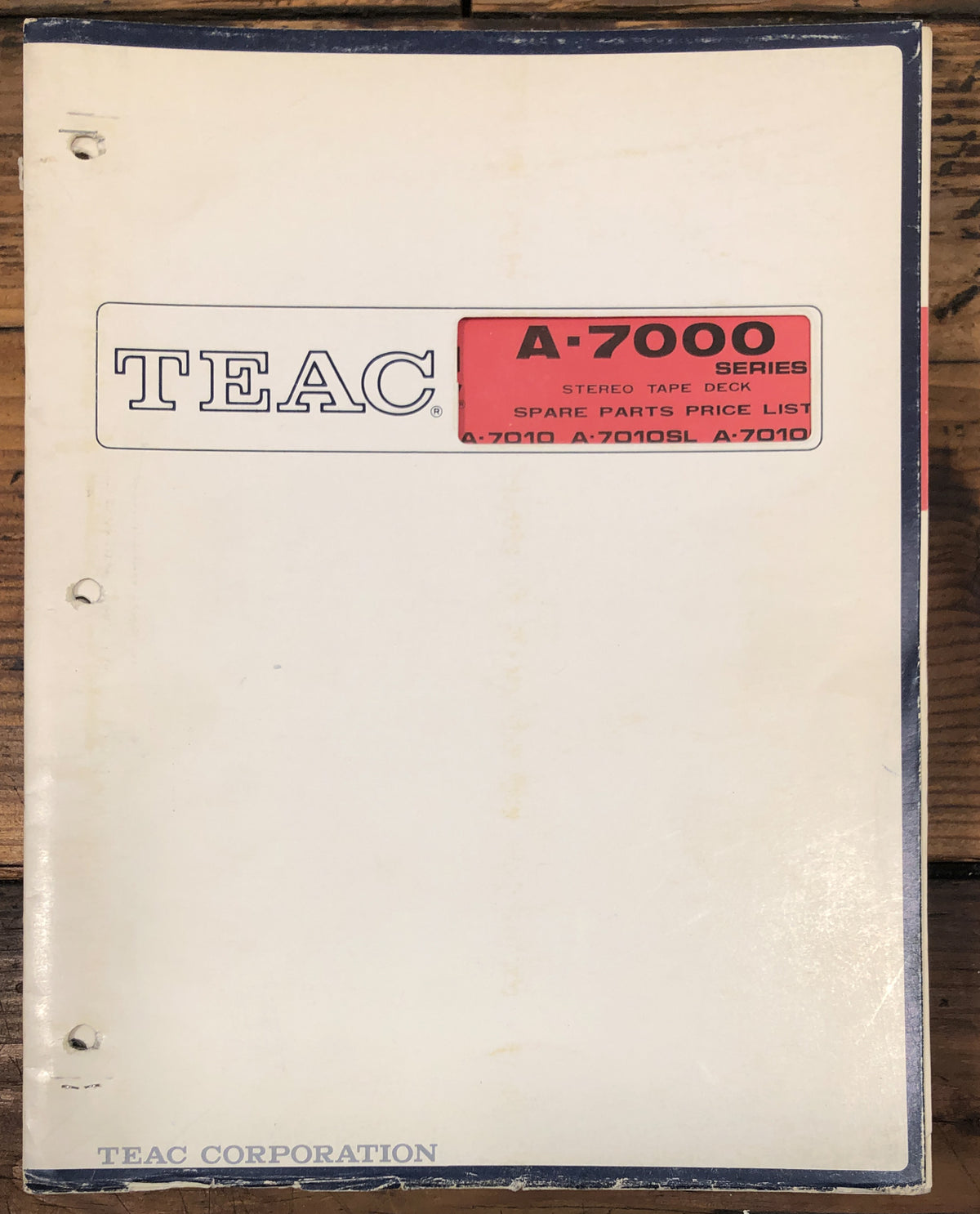 TEAC A-7000 Reel to Reel  Parts Price List Manual  *Original*