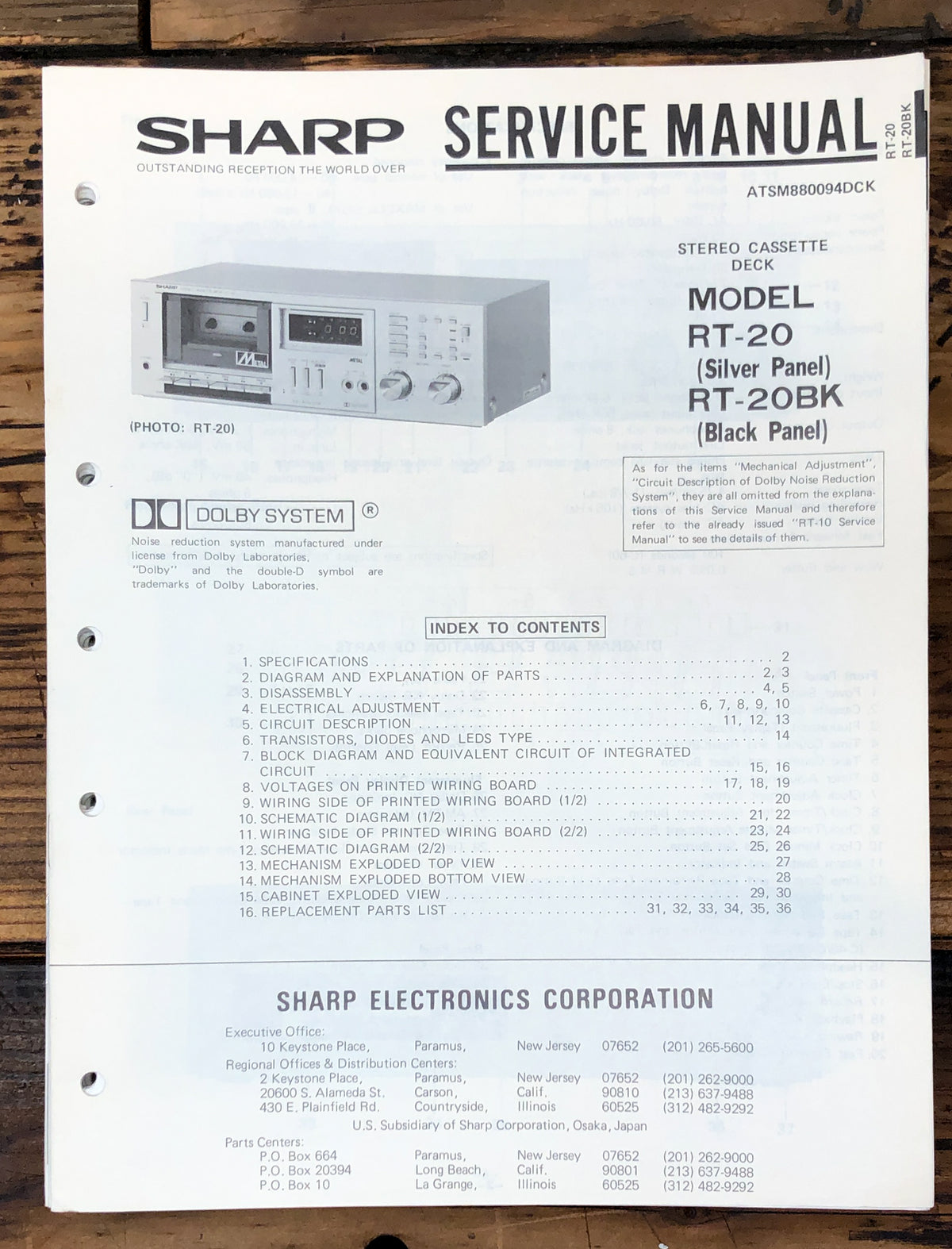 Sharp RT-20 RT-20BK Cassette Service Manual *Original*