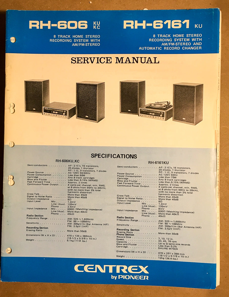 Pioneer / Centrex RH-606 RH-6161 8 Track Stereo Service Manual *Original*