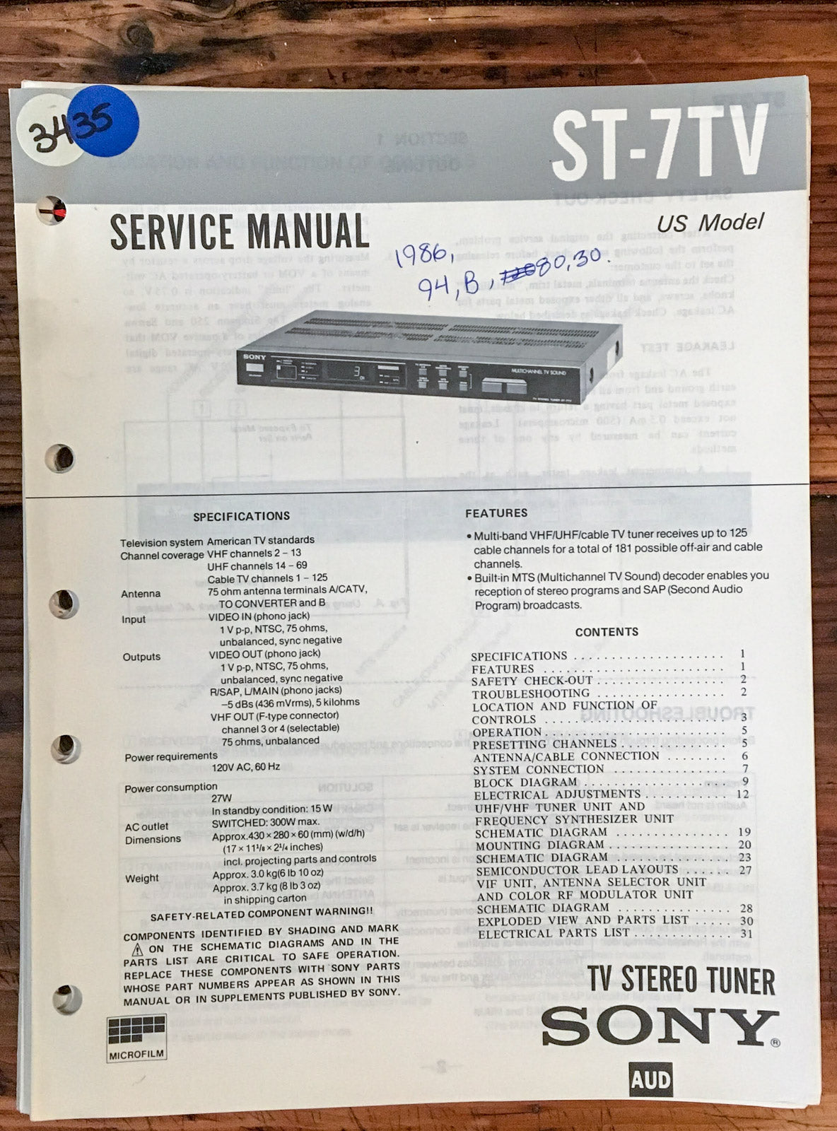 Sony ST-7TV Tuner  Service Manual *Original*