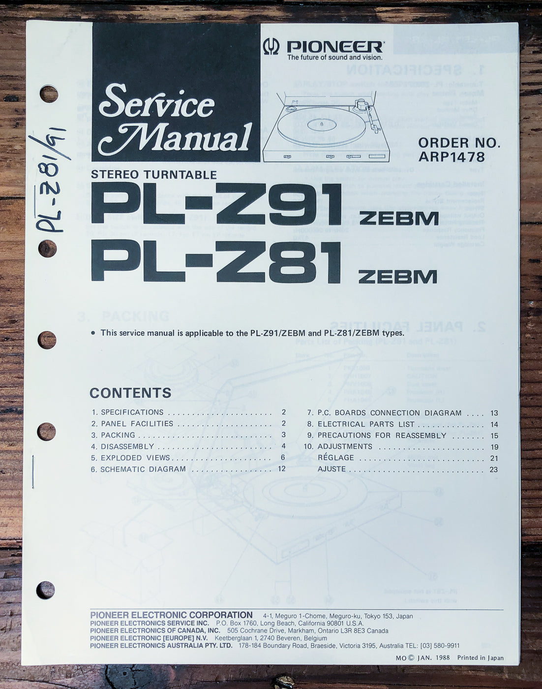 Pioneer PL-Z91 PL-Z81 Turntable Service Manual *Original*