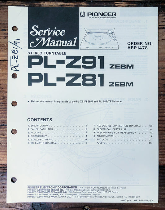 Pioneer PL-Z91 PL-Z81 Turntable Service Manual *Original*