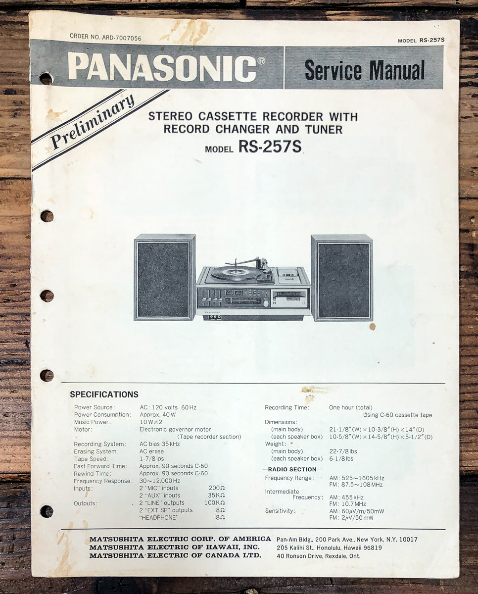 Panasonic RS-257S Stereo Prelim. Service Manual *Original*