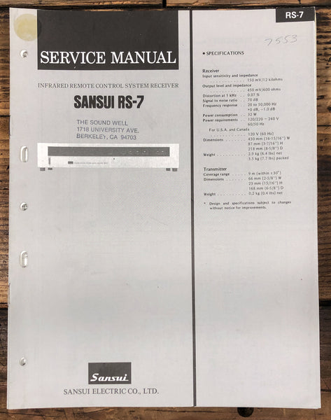 Sansui RS-7 Receiver  Service Manual *Original*