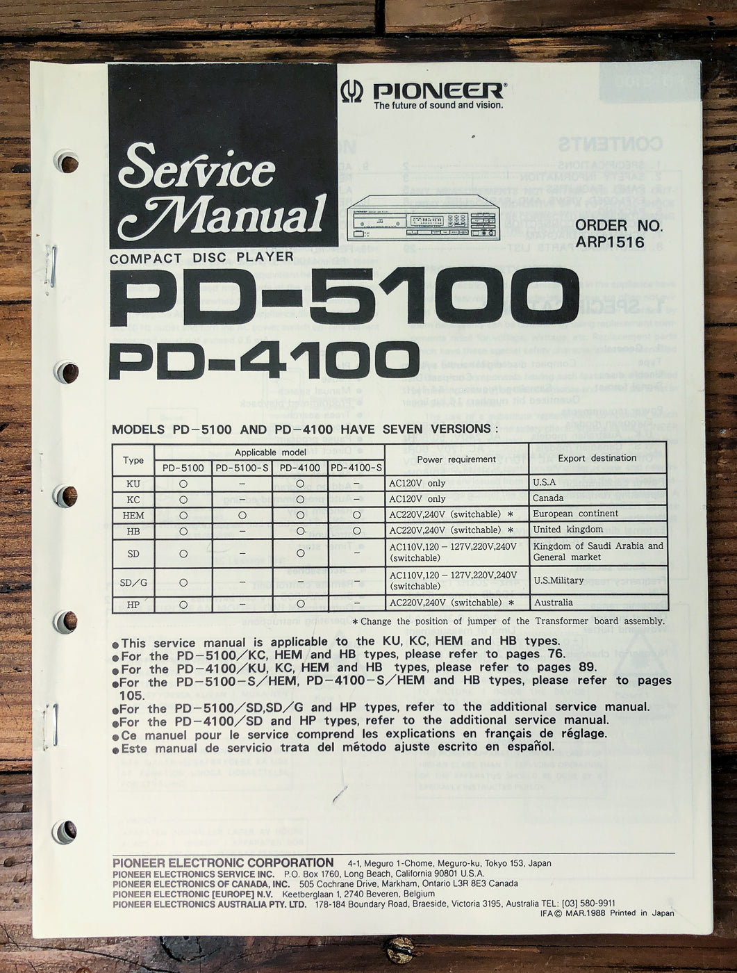 Pioneer PD-5100 PD-4100 CD Player Service Manual #1 *Original*