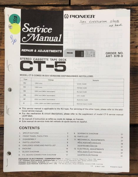 Pioneer CT-5 Cassette  Service Manual *Original*
