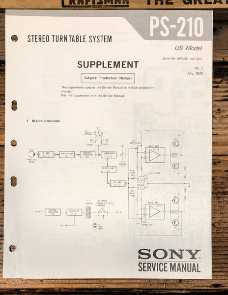 Sony PS-210 Record Player / Turntable Supp. Service Manual *Original*