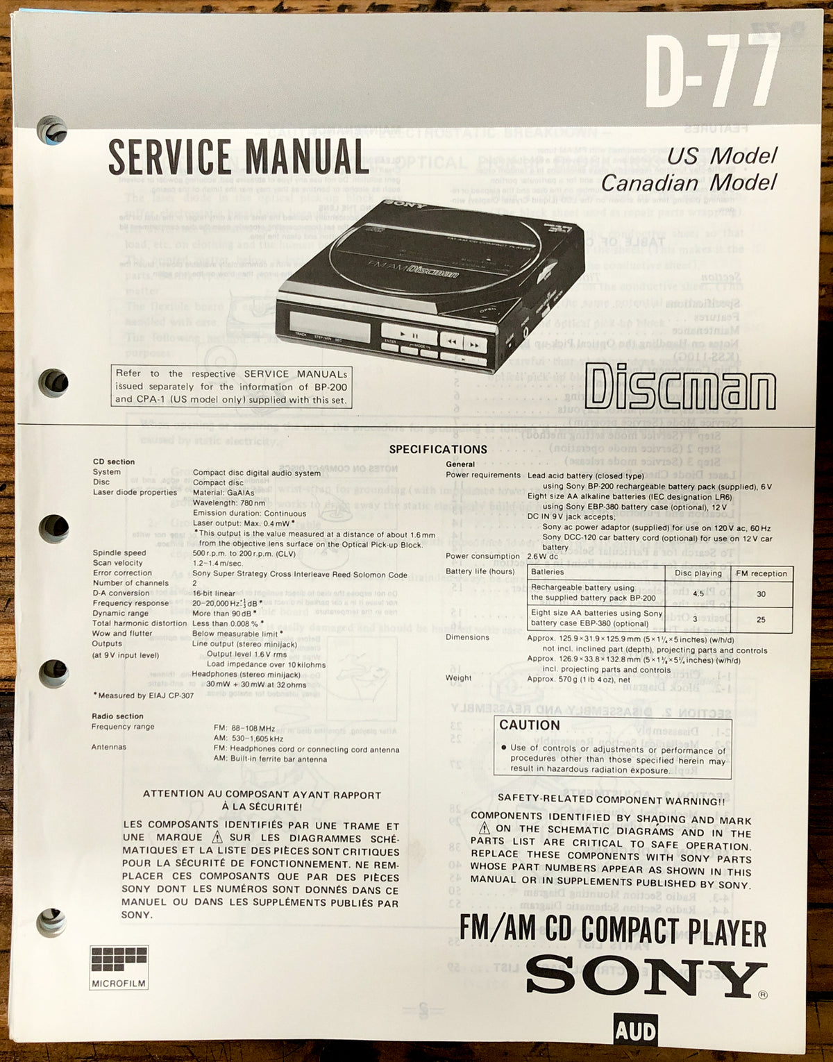 Sony D-77 CD Player / Discman  Service Manual *Original*
