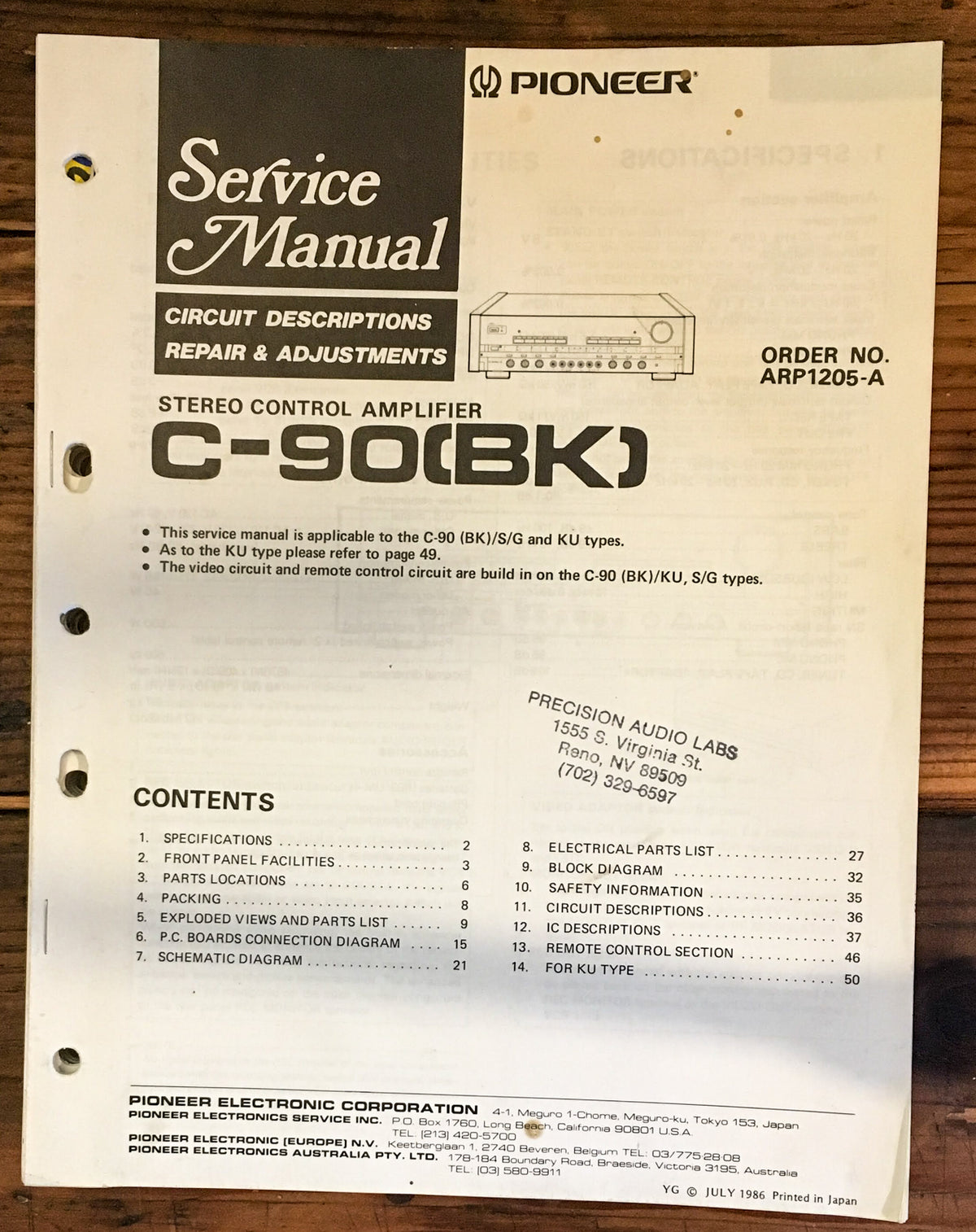 Pioneer C-90 Preamp / Preamplifier Owner / User Manual *Original*