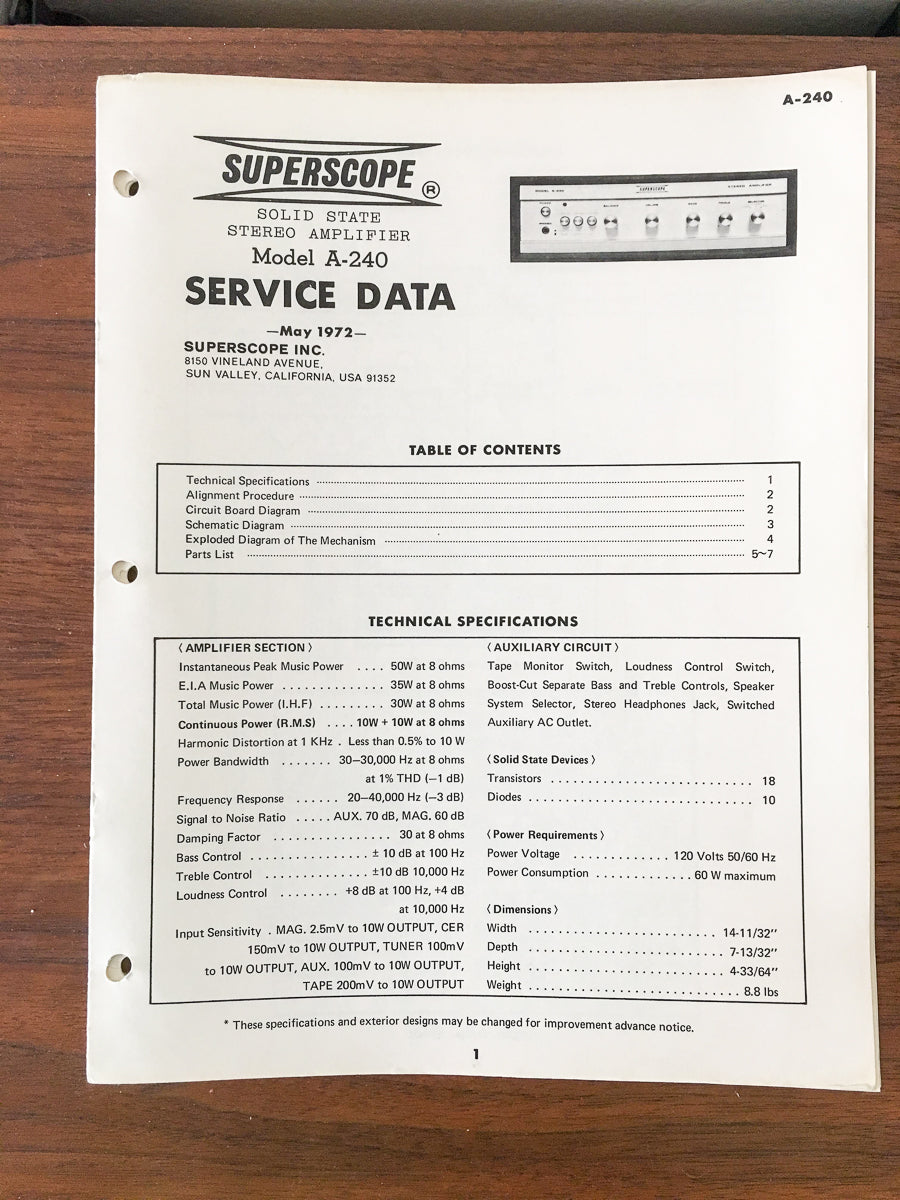 Superscope A-240 Amplifier Service Manual *Original*
