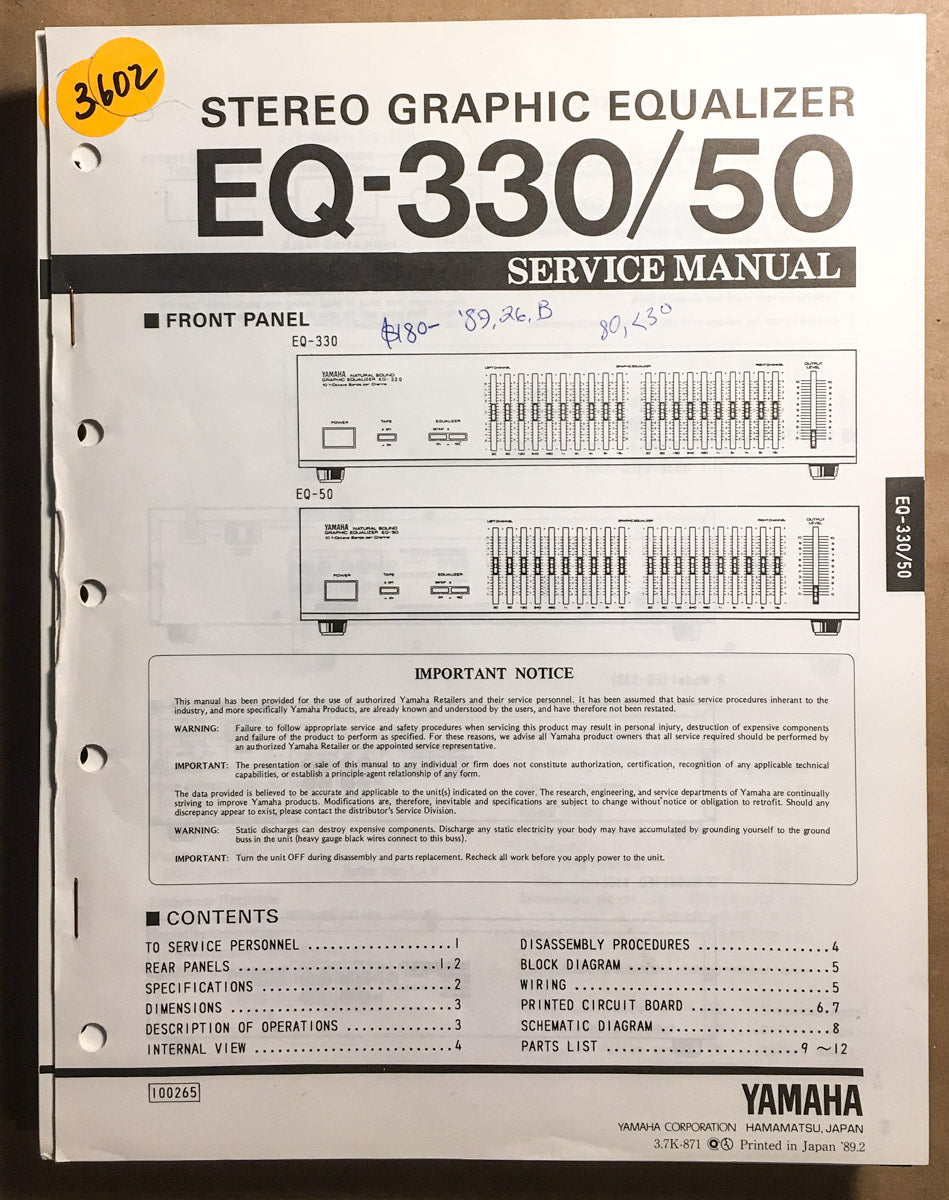 Yamaha EQ-330 EQ-50 Equalizer  Service Manual *Original*