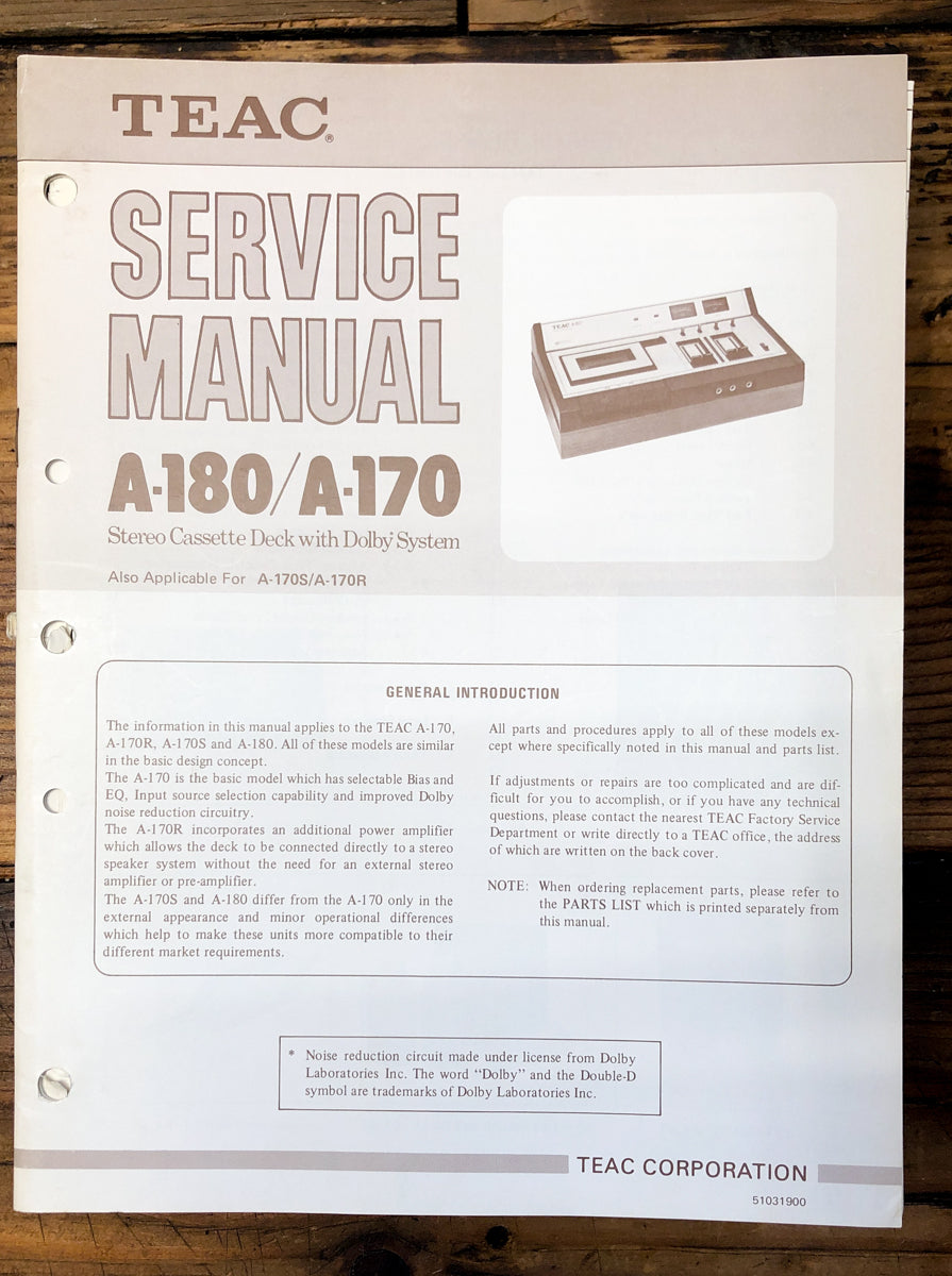 Teac A-170 A-180 Cassette  Service Manual *Original*