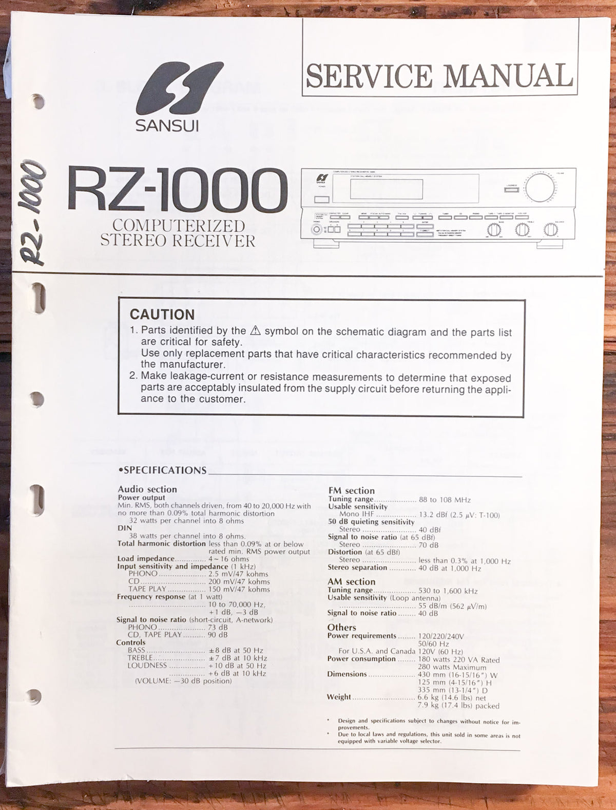 Sansui RZ-1000 Receiver  Service Manual *Original*