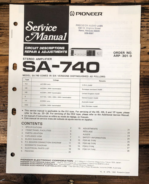Pioneer SA-740 Amplifier Service Manual *Original*