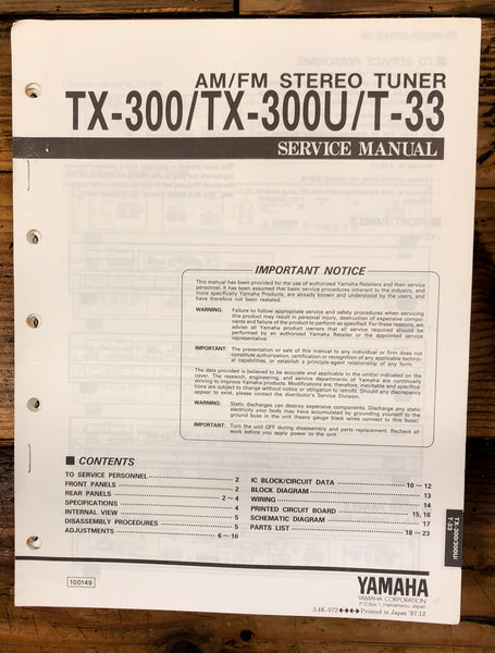Yamaha TX-300 TX-300U T-33 Tuner  Service Manual *Original*