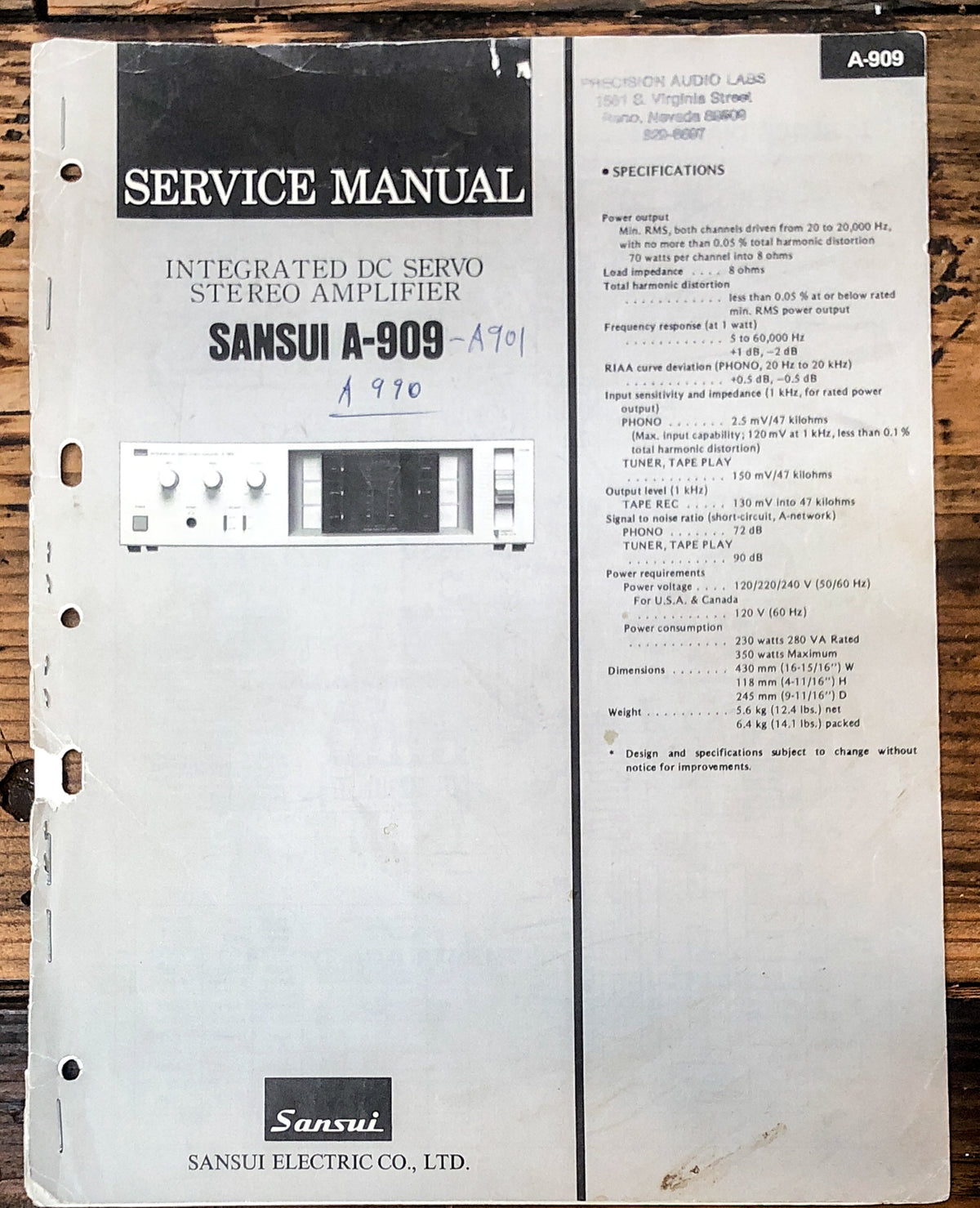 Sansui A-909 Amplifier Service Manual *Original*