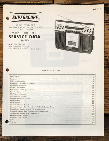 Superscope CRS-1800 Stereo Service Manual *Original*