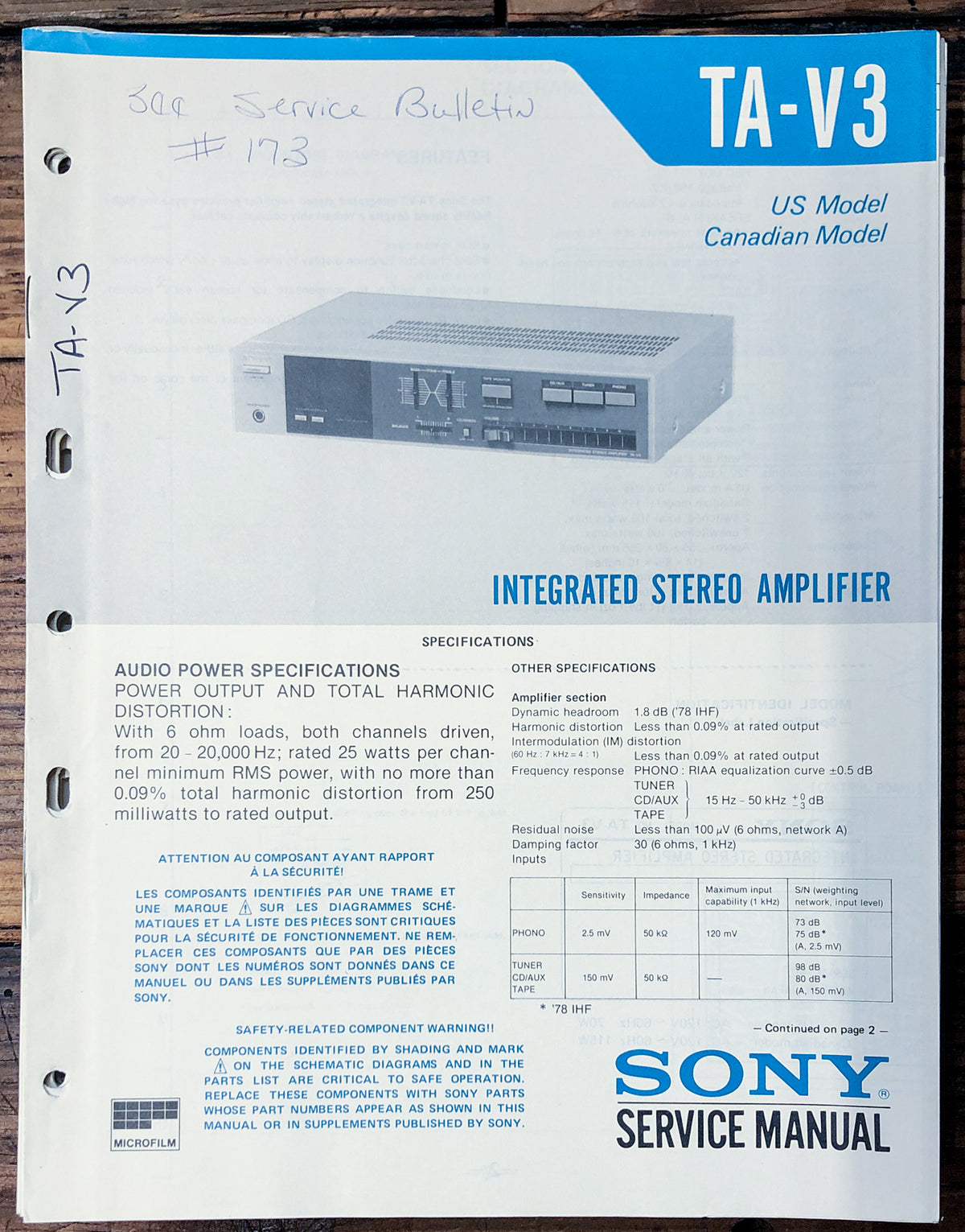 Sony TA-V3 Amplifier  Service Manual *Original*