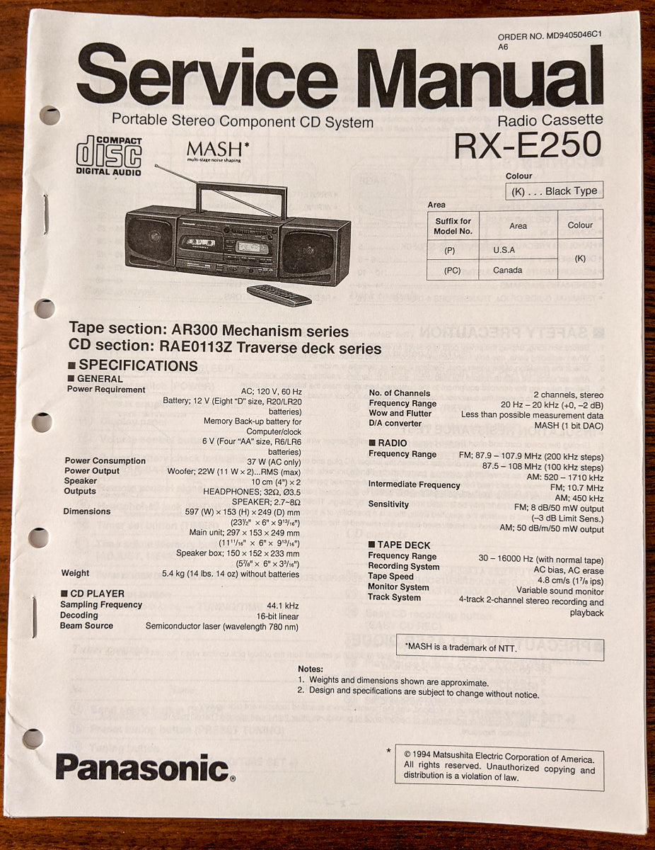 Panasonic RX-E250 Radio Cassette Service Manual *Original*