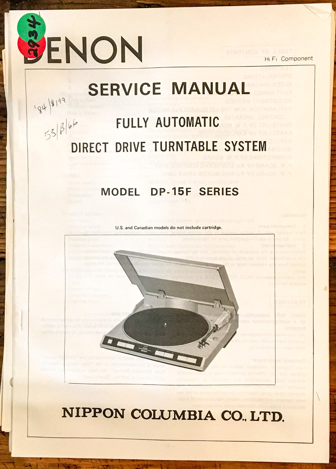 Denon DP-15f Record Player / Turntable  Service Manual *Original*