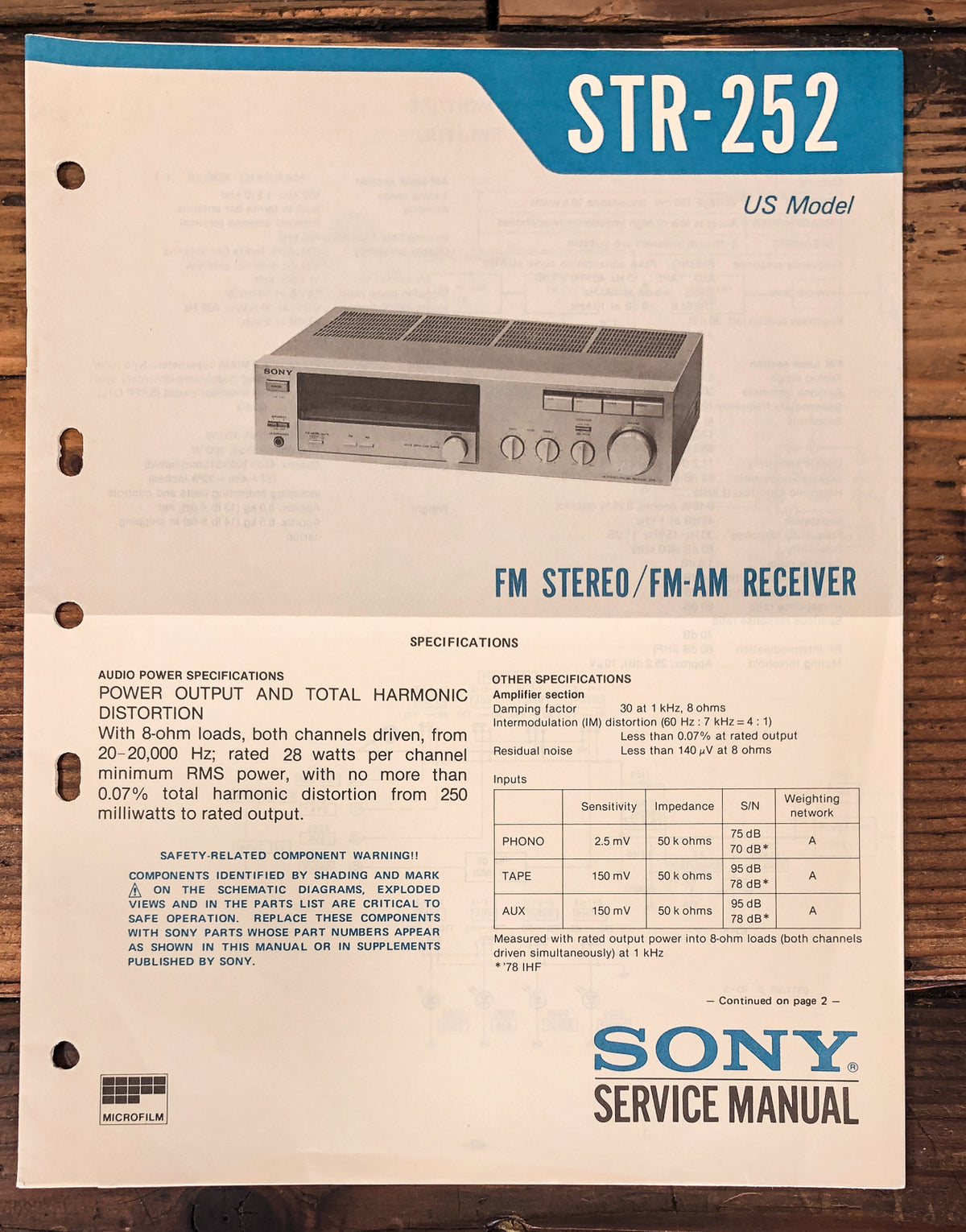 Sony STR-252 Receiver Service Manual *Original*