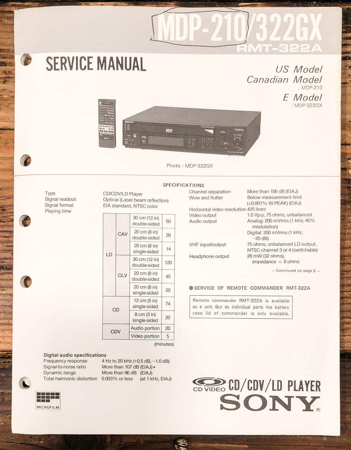 Sony MDP-210 MDP-322GX CD CDV LD Player Service Manual *Original*