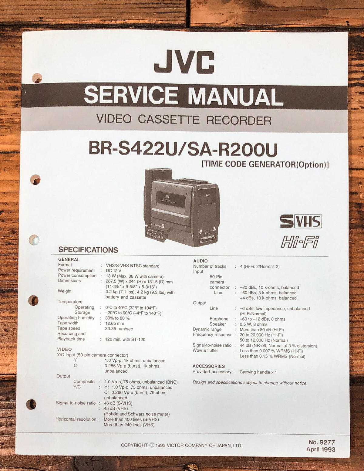 JVC BR-S422U SA-R200U VCR Service Manual *Original*