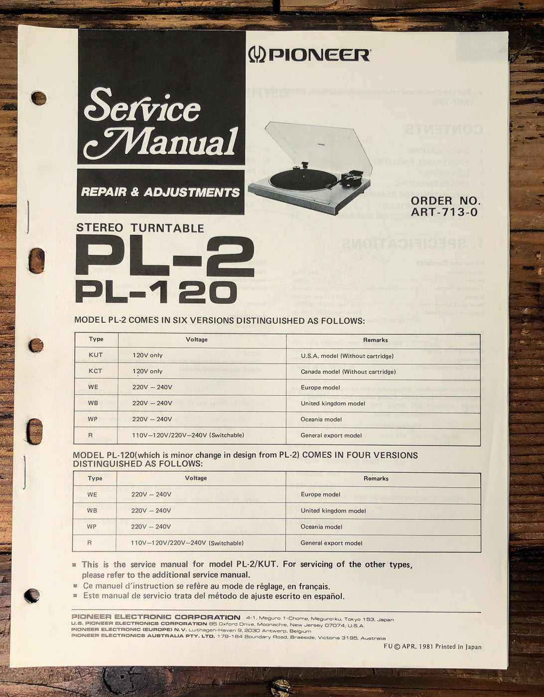 Pioneer PL-2 PL-120 Turntable Service Manual *Original*