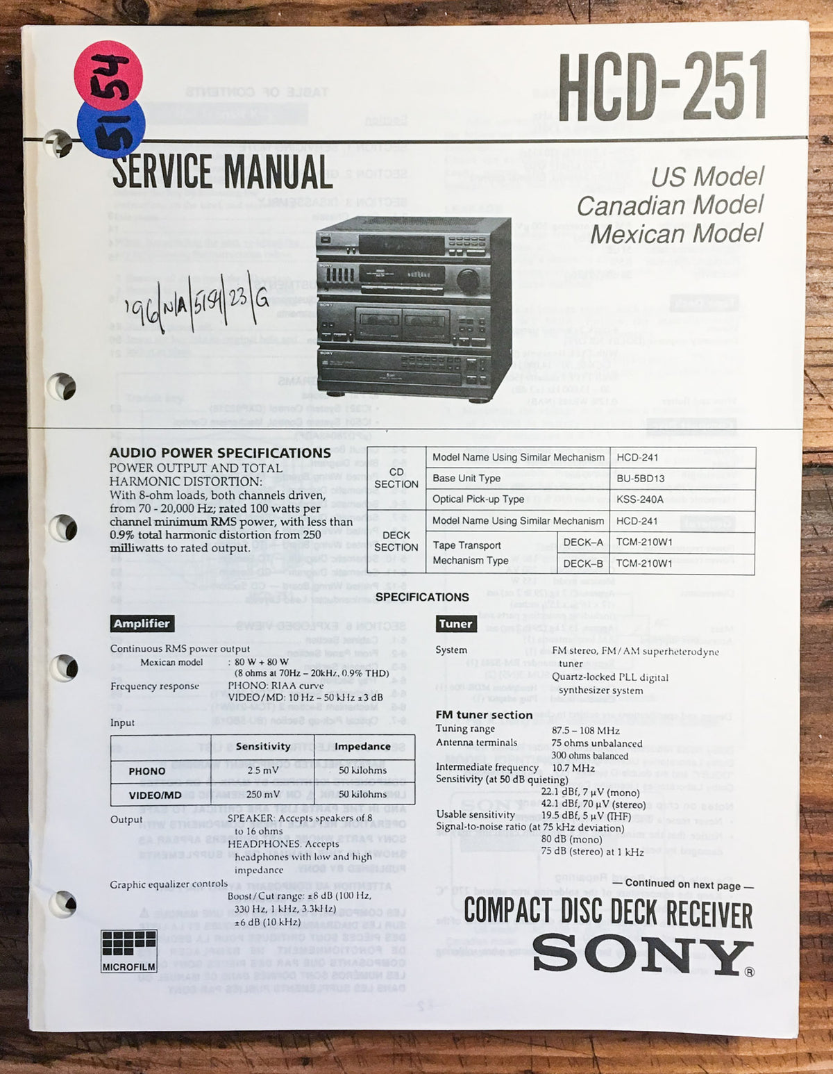 Sony HCD-251 Stereo  Service Manual *Original*